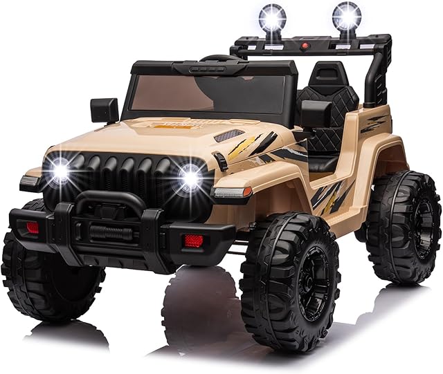 POSTACK Kids Car, 24V Battery Powered Electric Ride On Truck with Parent Remote Control, Powerful 4 Wheels Buggy, 2 Speeds, Motors, Safety Belt, Music (Khaki)