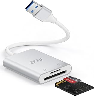 Acer Czytnik kart SD USB 3.0 z kablem, Aluminiowy czytnik kart pamięci UHS-I, USB-A Adapter micro SD Wysoka prędkość, do kart SDXC, micro SDHC, TF, RS-MMC, Komputer, PC, laptop, kamera, (Srebrny)