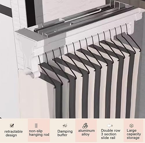 Miniatura 2 de Barra de valet para armario extraíble, con soporte retráctil de 99.2 lbs, riel de ropa extraíble de aleación de aluminio, riel deslizante deslizante