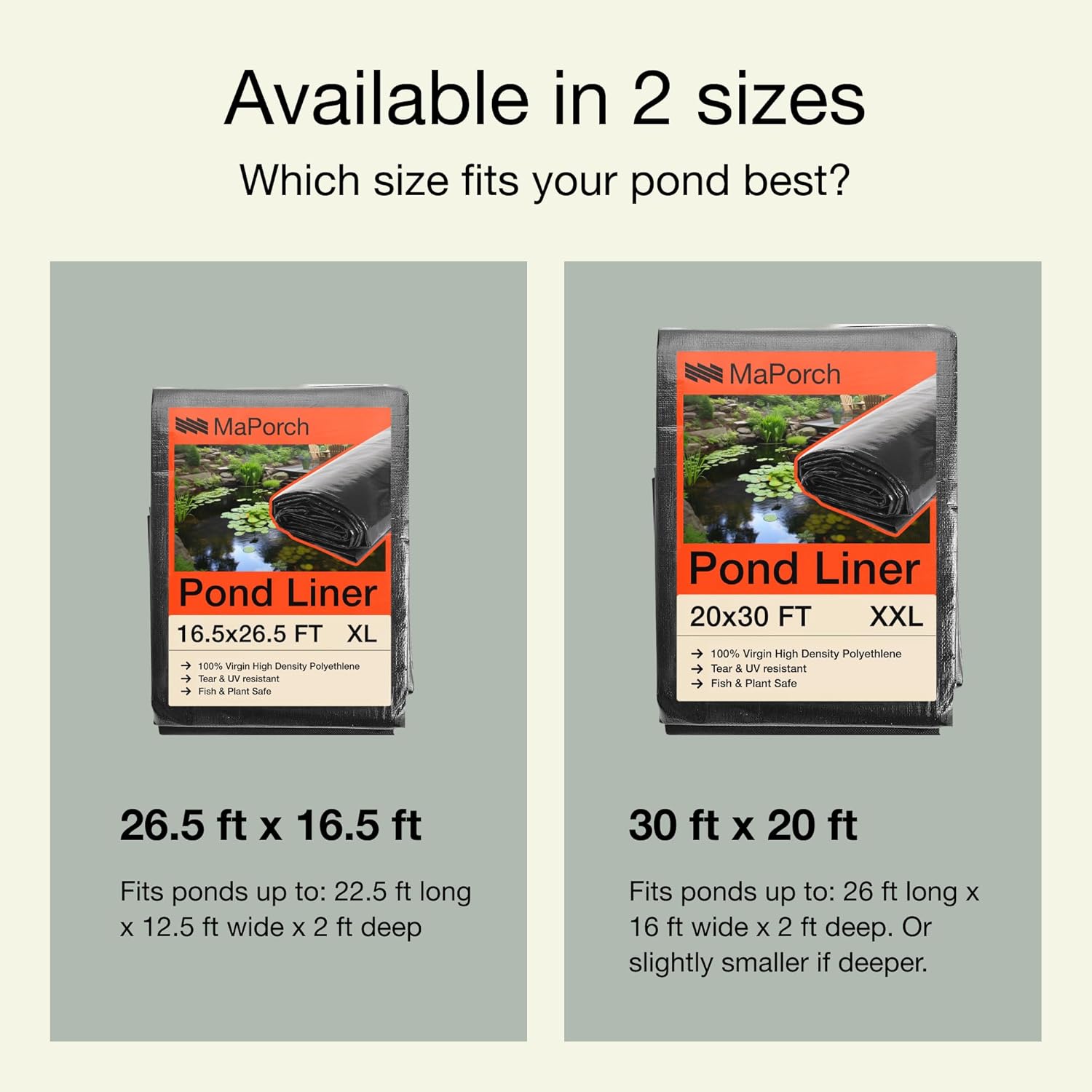 MAPORCH Pond Liner for Outdoor Ponds - Heavy Duty Koi Fish Pool Liner - 16.5 x 26.5 ft, HDPE 20 Mil - UV Resistant Waterproof Underlayment