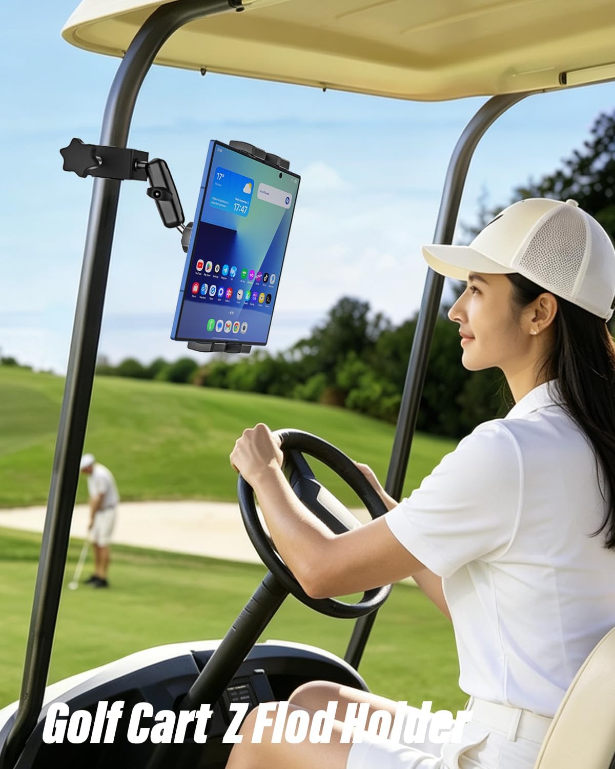 Golf Cart Mount for Z Fold - [Foldable Phone Friendly] Square Tube Tablet Holder, 360° Adjustable Phone Clamp with 360° Metal Arm for Samasung Galaxy Fold 7 6 5 4 3 2, Tabs, Google Pixel, iPad, iPhone
