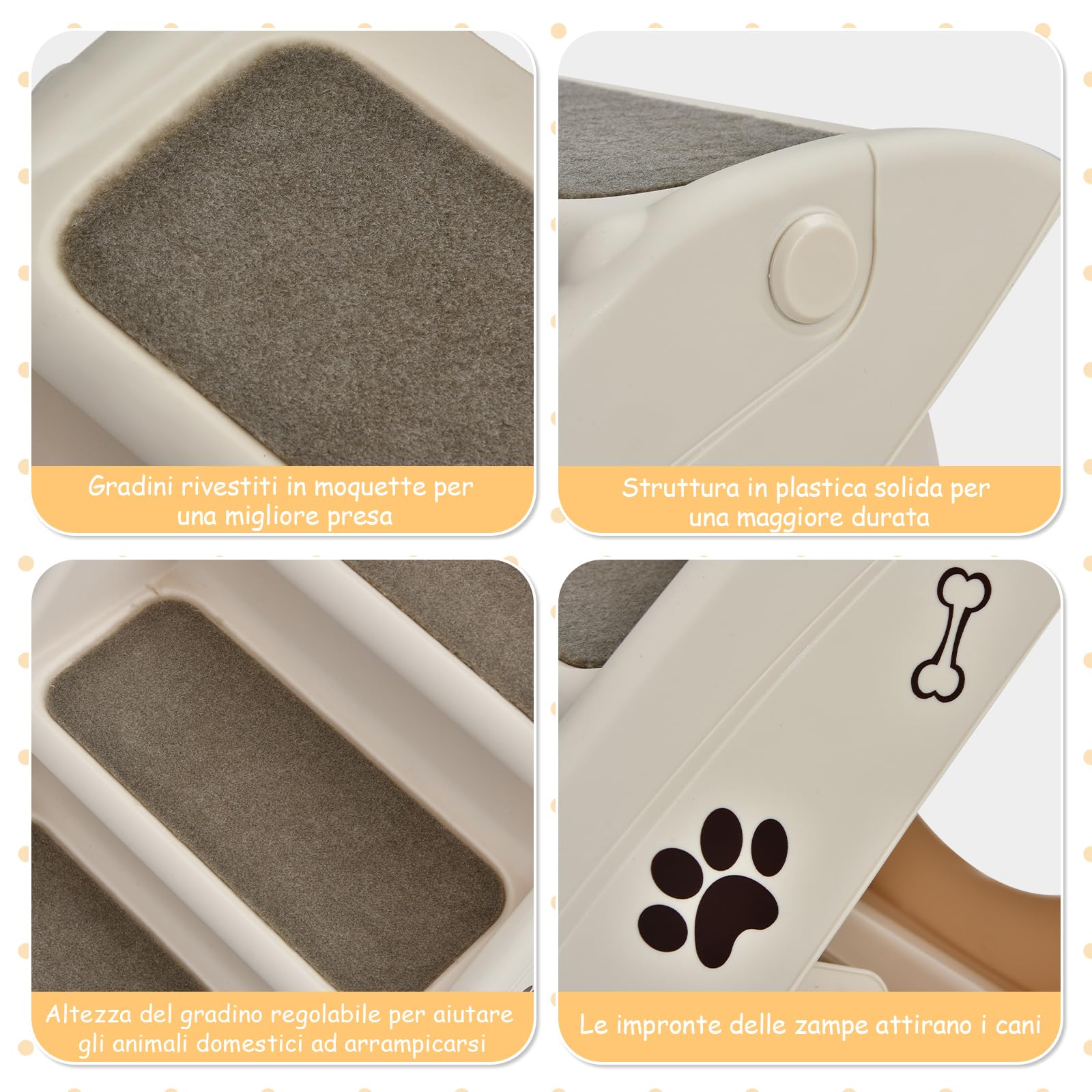 GYMAX Scaletta Pieghevole per Animali Domestici, Scaletta a 4 Gradini per Gatti e Cani in Plastica con Rivestimento Antiscivolo, Facile da Salire e Scendere, Carico di 60 kg, 62 x 38 x 50 cm (Beige)