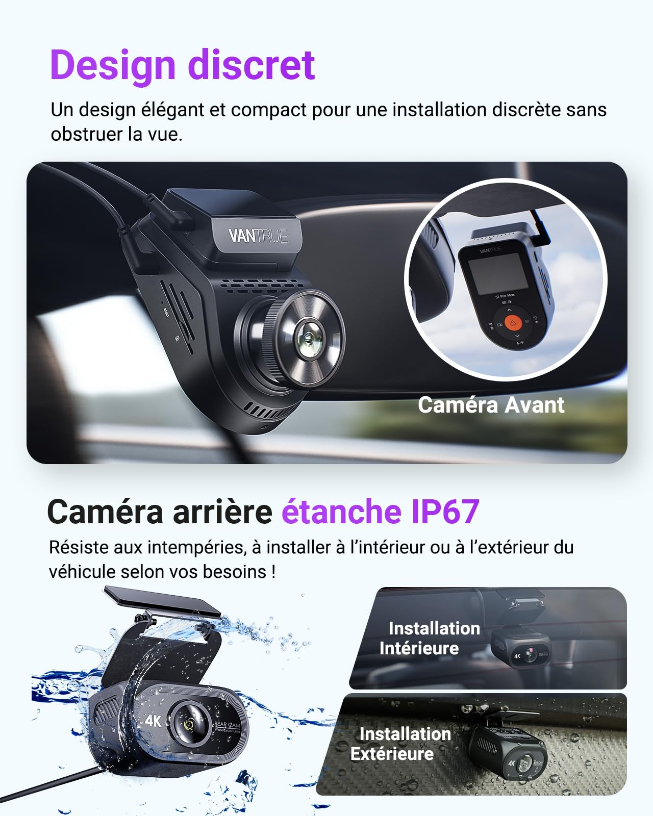 VANTRUE Dashcam Voiture S1 Pro Max 4K+4K Starvis 2 Avant et Arrière, Caméra embarquée 5G Wi-FI Dash Cam GPS 360° HDR Tampon Surveillance de stationnement,Contrôle Vocal Français，LTE en Option Max 1To
