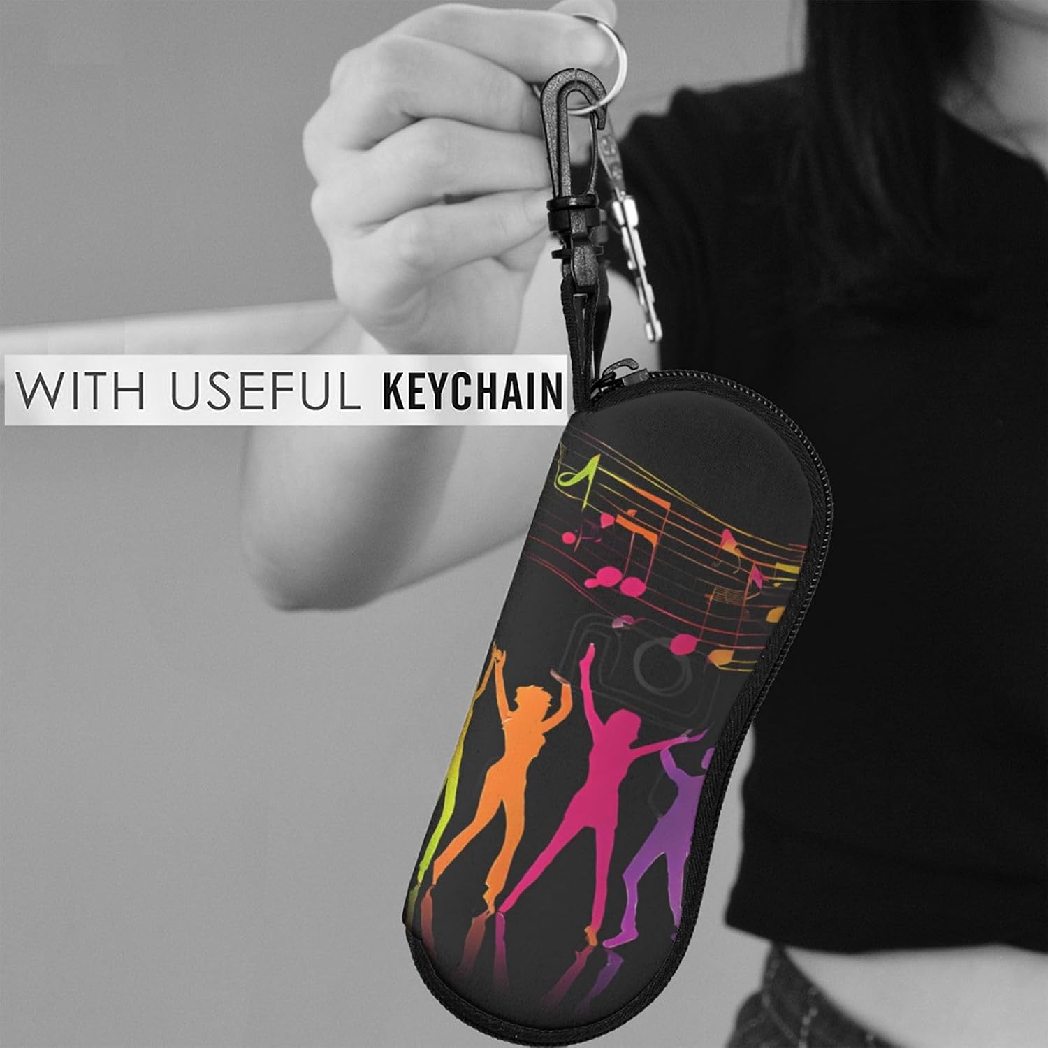 (Dance With Music) Portable Glasses Case Soft Lightweight Eyewear Pouch with Zipper Neoprene Sunglasses Bag with Carabiner Compact Flexible Travel Sleeve for Purse Backpack Car Office image 3