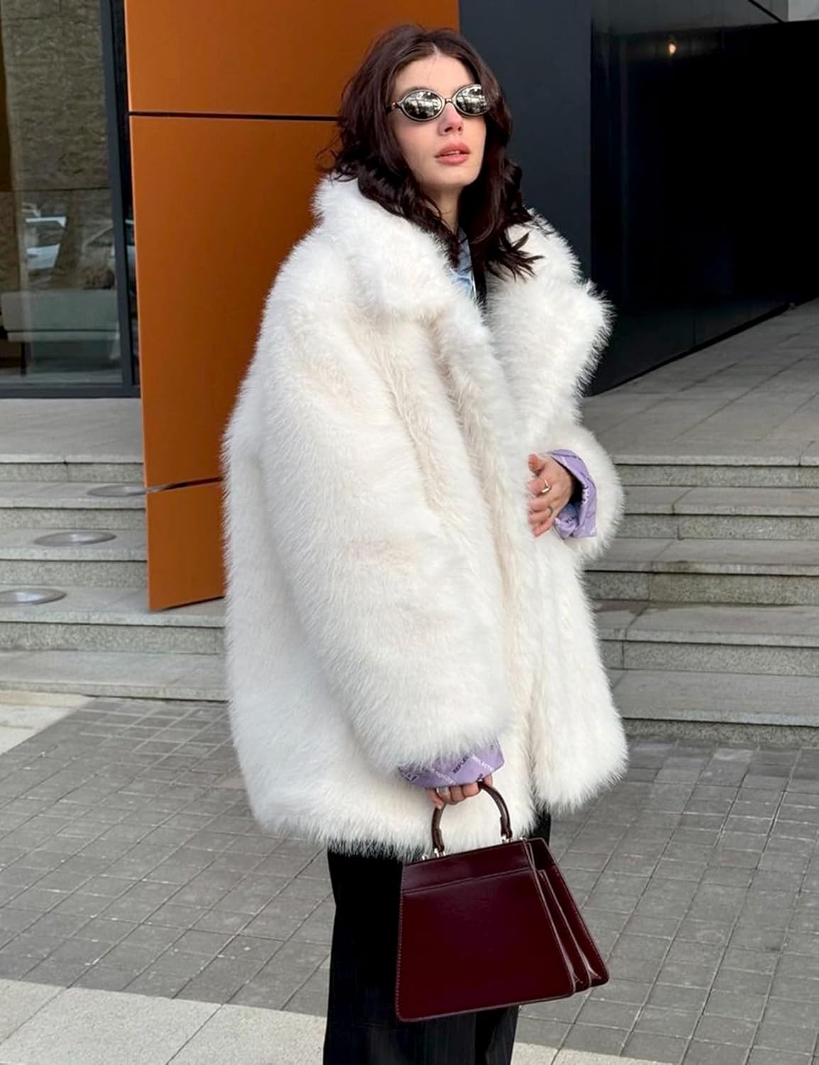 COZYPOIN Womens Faux Fur Coats Warm Mid Long Furry Jackets Long Sleeve Lapel Winter Fluffy Outerwear Shaggy Parka Coat - Image 6