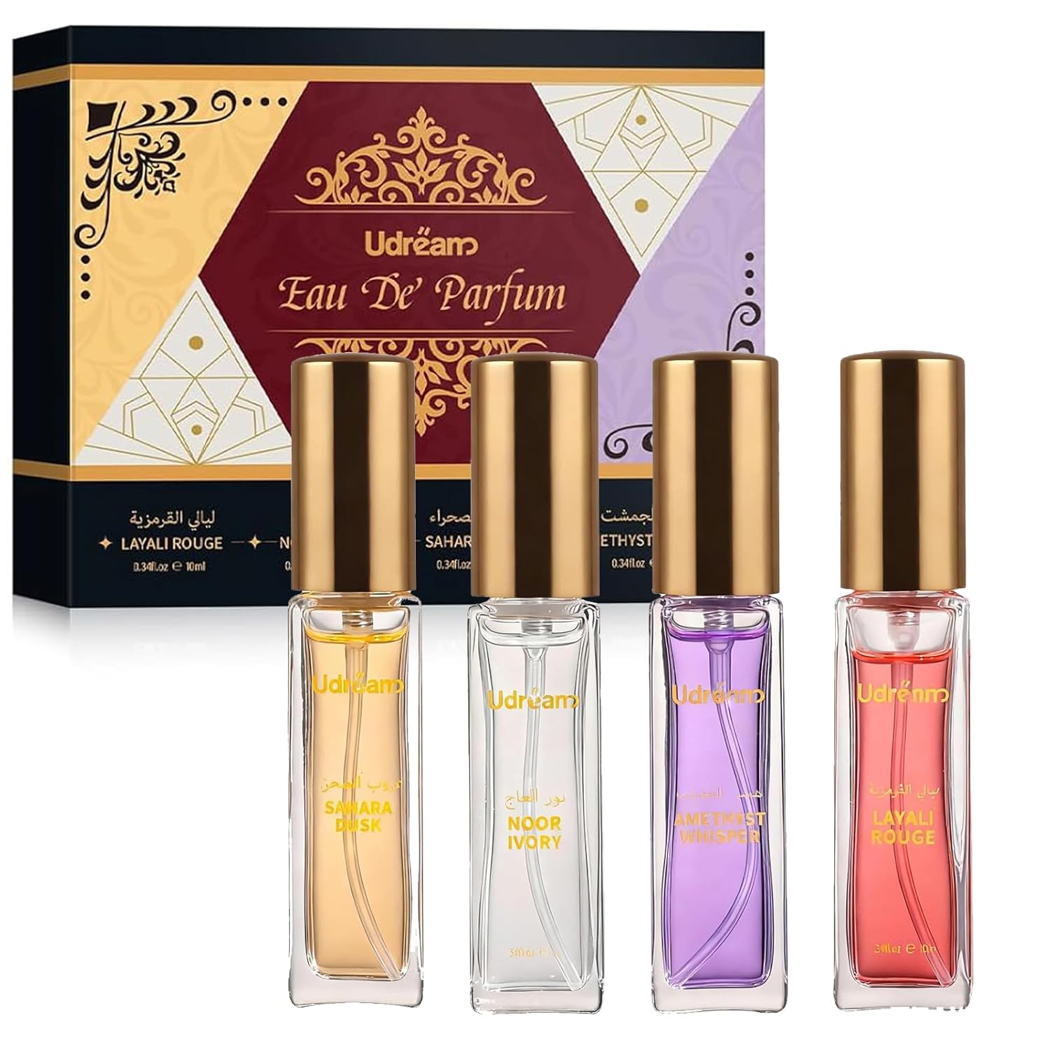 Roseye Perfume Sample Kits – Middle Eastern Inspired Scents – 4 x 0.34 Fl Oz Travel Size Unisex Holiday Perfumes, Eau de Toilette for Women