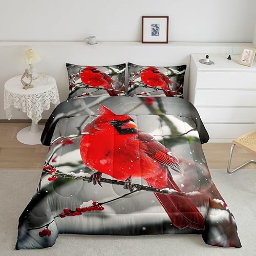 Erosebridal Boys Cardinals Comforter Set Queen Size,Red Sparrows Duvet Insert Michigan Birds Bedding Set Winter Snowflake Bedding Finches Bedroom Decor for Child Youth Man