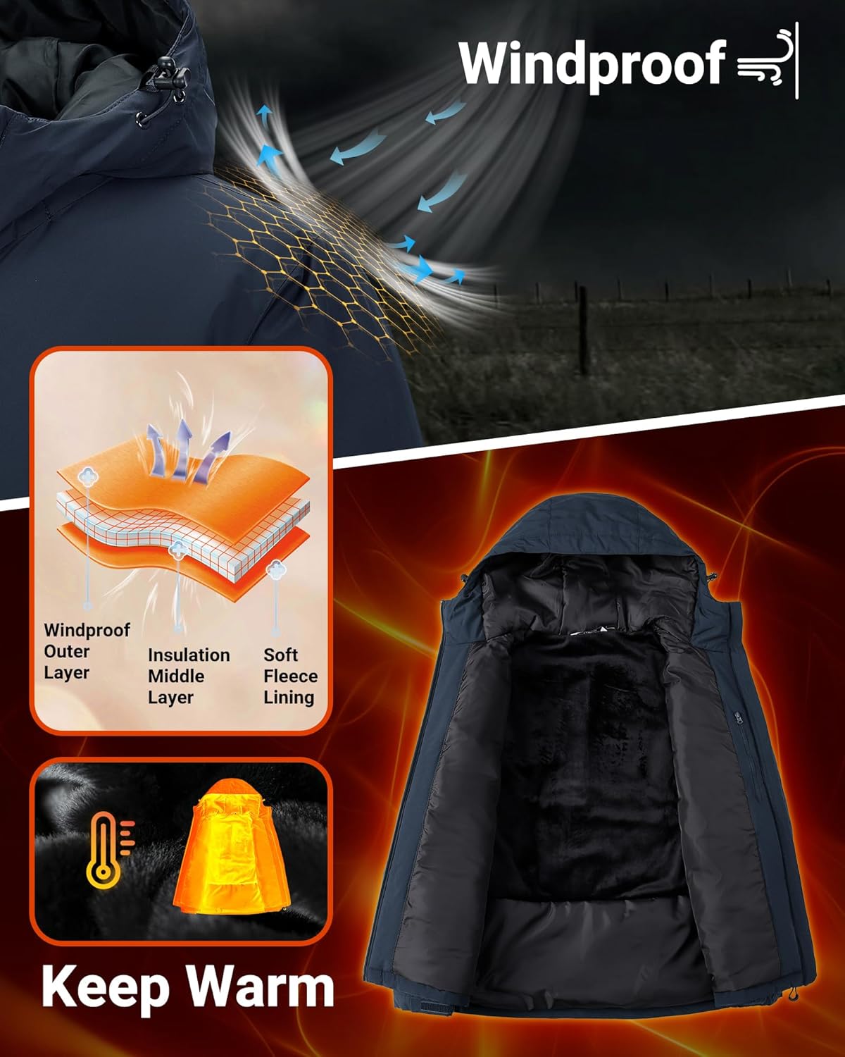 33,000ft Mens Warm Winter Jacket Hooded Lightweight Puffer Jacket Water Resistant Windproof Insulated Coats - Image 3