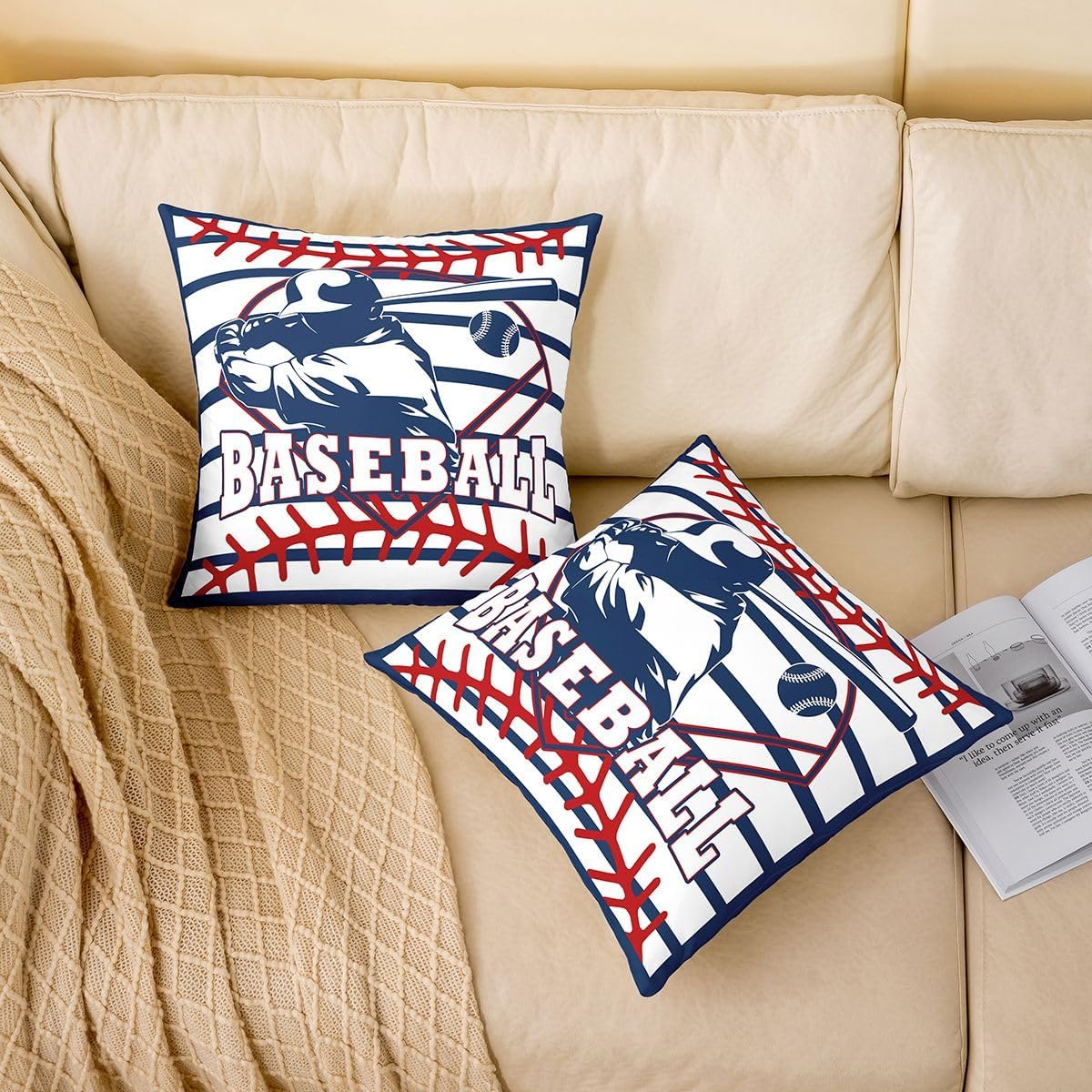 Feelyou Baseball Throw Pillow Covers Set of 2 Baseball Gaming Decorative Pillowcase Sport Game Cushion Covers for Sofa Couch Bed Ball Games Cushion Case White Blue Home Decor 16 x 16-Inch image 2