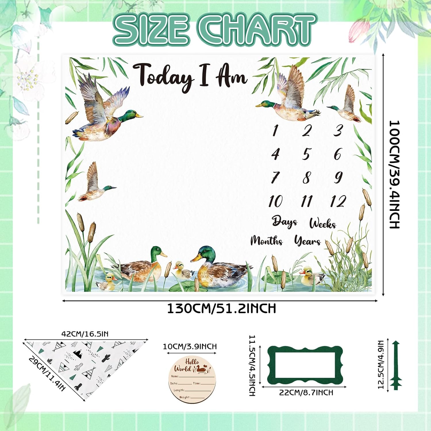 Mallard Duck Monthly Milestone Blanket for Baby Boy Flannel Newborn Infant Swaddle Growth Chart Photography Background with Baby Birth Signs, Felt Frames, Bibs - Image 2