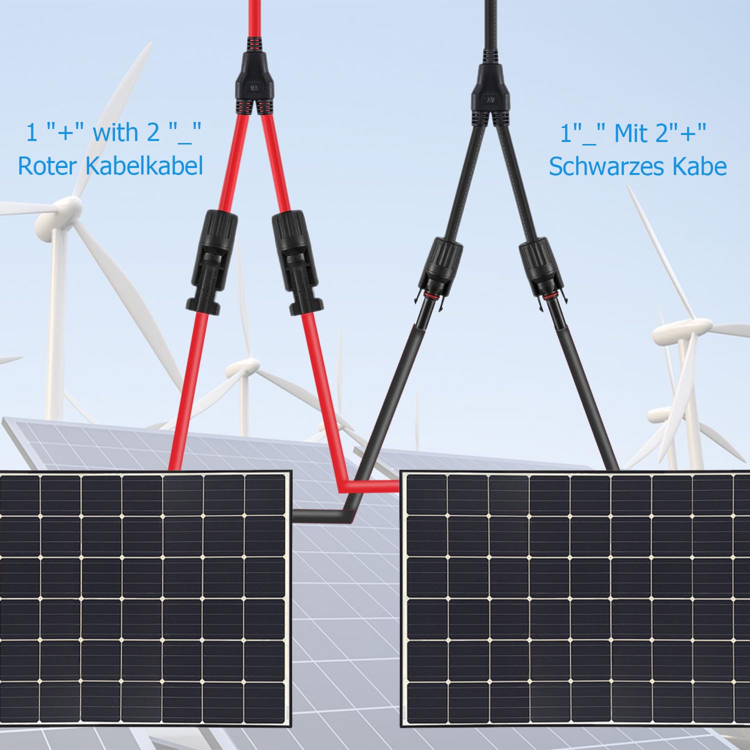 Kabel solarny rozdzielacz Y, 2 pary kabli do paneli słonecznych, wtyczka Y | Solarny kabel fotowoltaiczny, do solarnych złączy fotowoltaicznych, 2 czerwone + 2 czarne