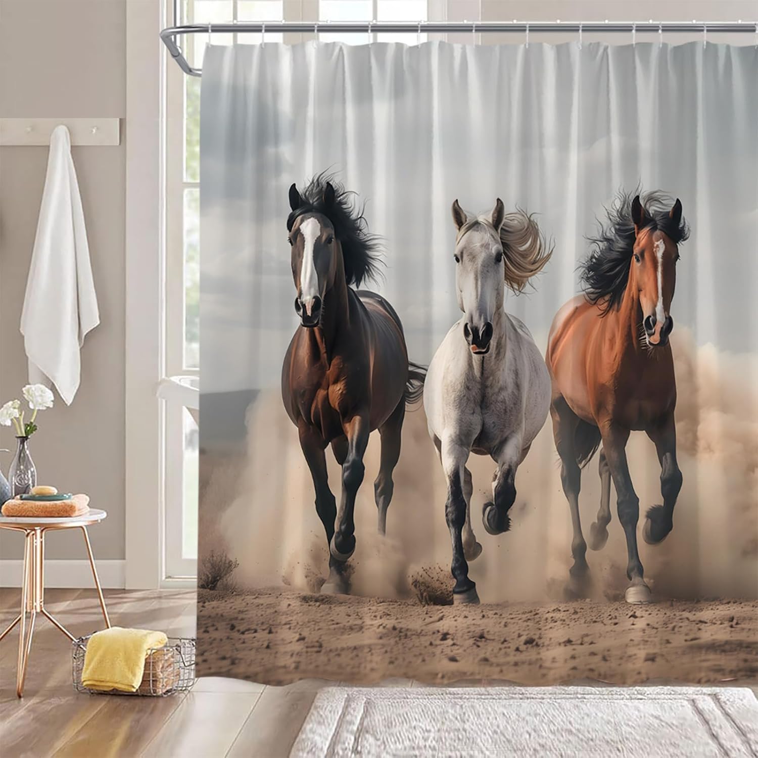 Horse Shower Curtain Southwest Equine Farm Animals Galloping Running Horses Field Desert 84" Wx70 H Fabric Bathroom Decor Curtain with Hooks
