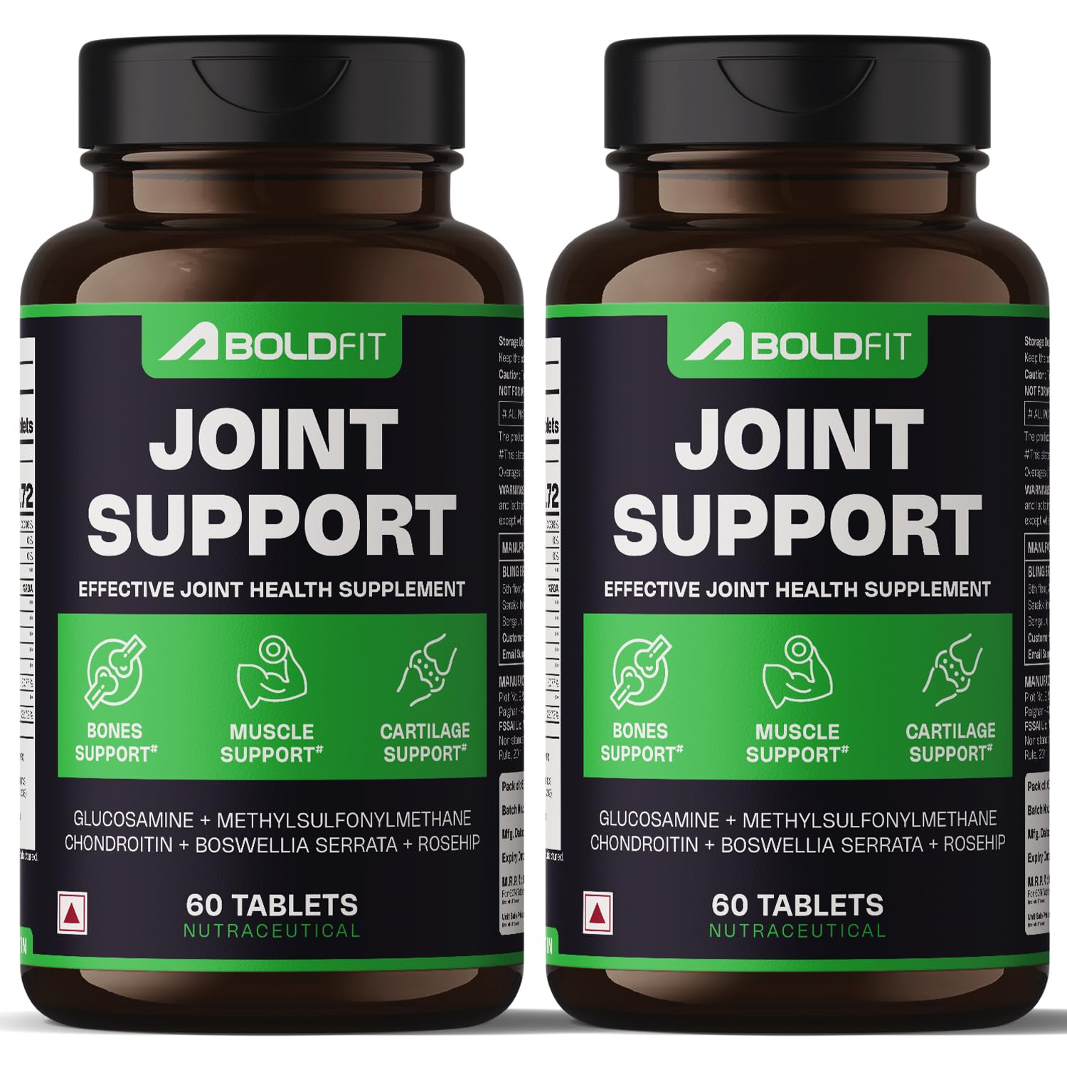 Boldfit Joint Support Supplement Glucosamine Tablets 1000mg Chondroitin,Boswellia & Rosehip for Cartilage & Muscle Health Joint Support Tablets Relieves Pain and Stiffness - 60 capsules,2 count