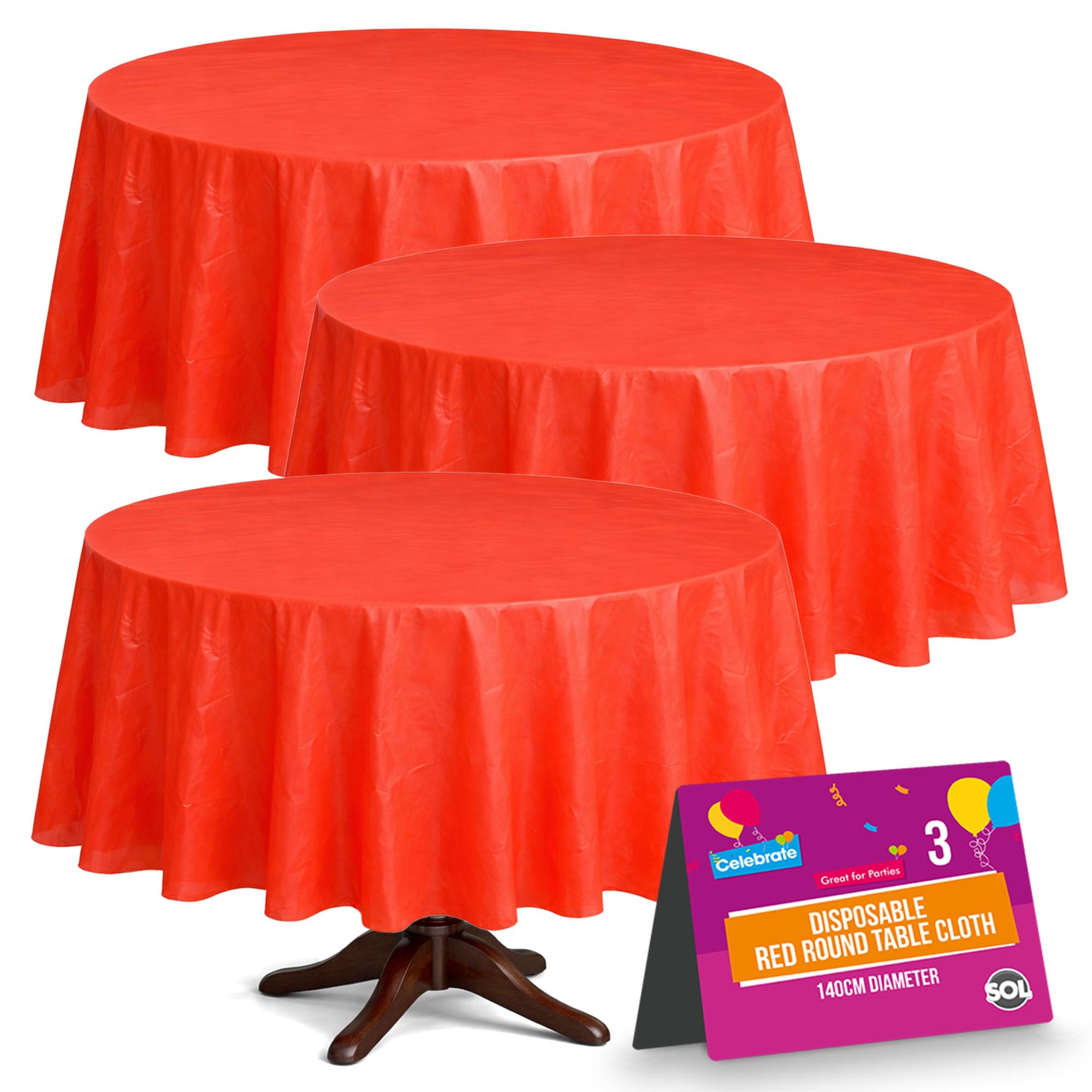 Sol Red 3Pk Round Table Cloth Disposable 140Cm Party Tablecloths For Circular Table Cloth Cover - Durable Spill Protection - Christmas Decorations New Years Eve 2026 Birthday Supplies Weddings