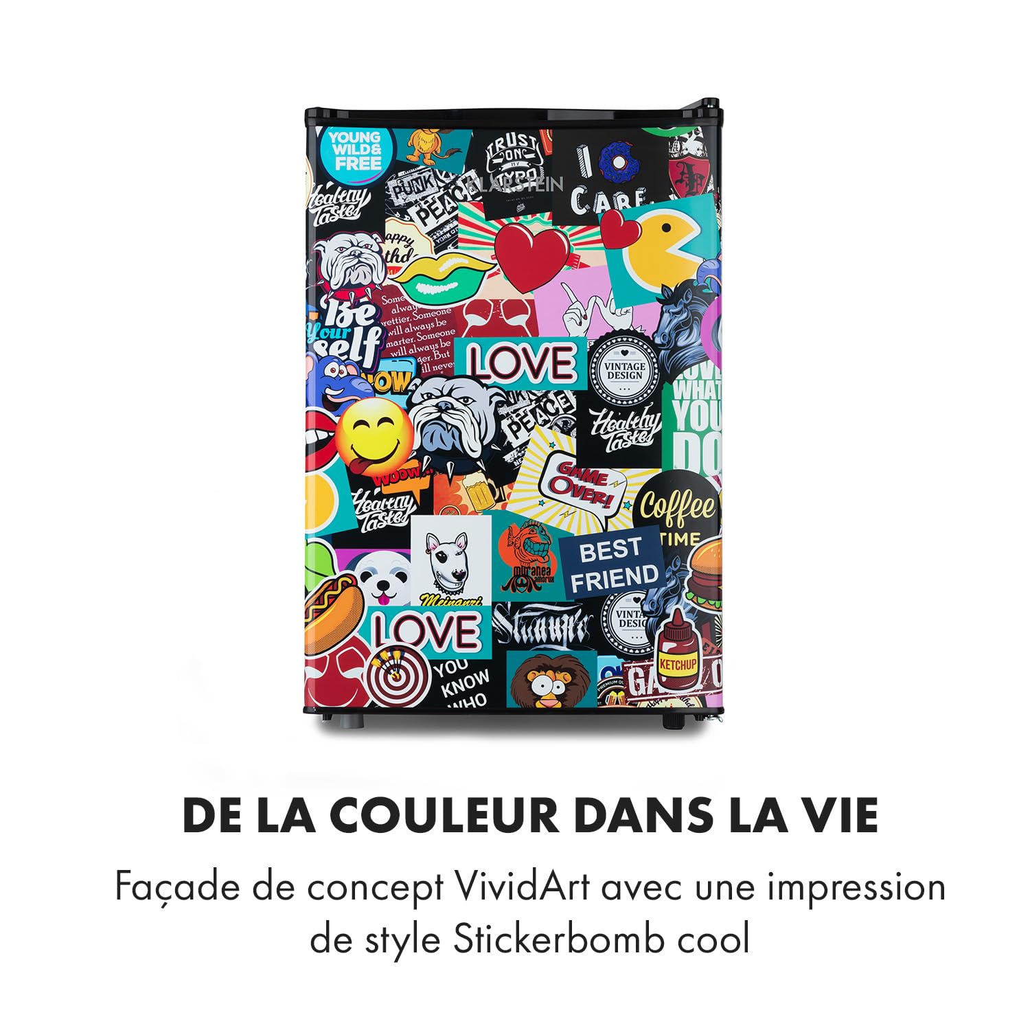 KLARSTEIN Cool Vibe - réfrigérateur, classe d'efficacité énergétique E, porte avec sticker imprimé BD, compartiment congélateur, bac à glaçons, niveau sonore: 42dB, 70L - noir