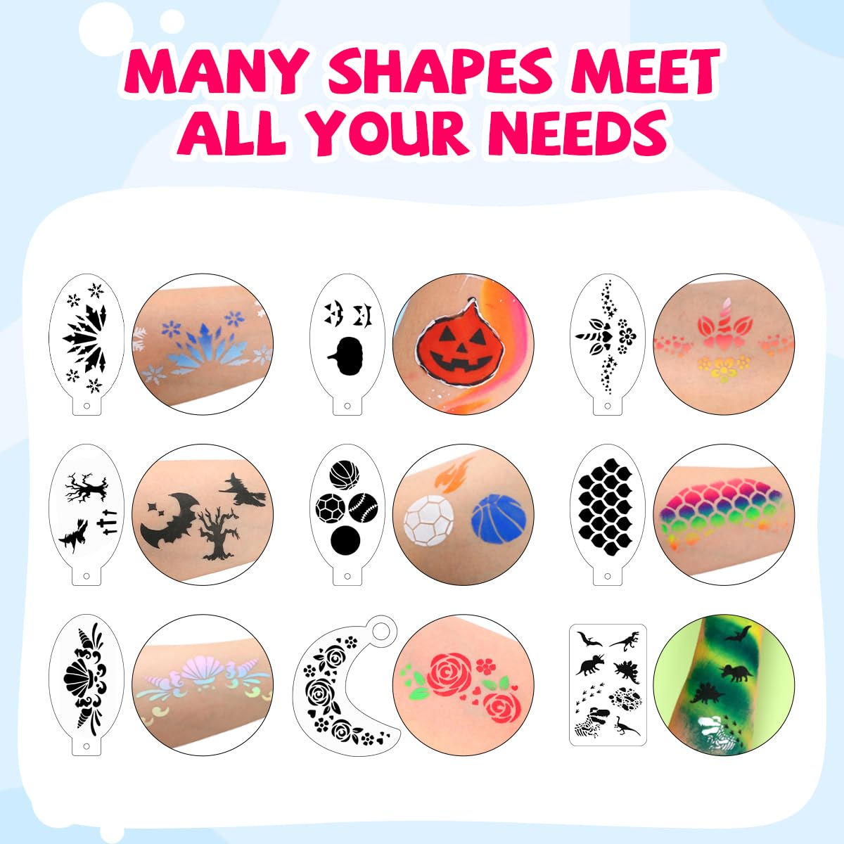 46 pcs Face Paint Stencils Kit,22 Pcs Reusable Facial Painting Stencils Reusable Body Paint Templates with 10 pcs Brushes,14 pcs Sponges for Party Halloween Makeup Depvision Face Paint Accessory Kit - Image 6