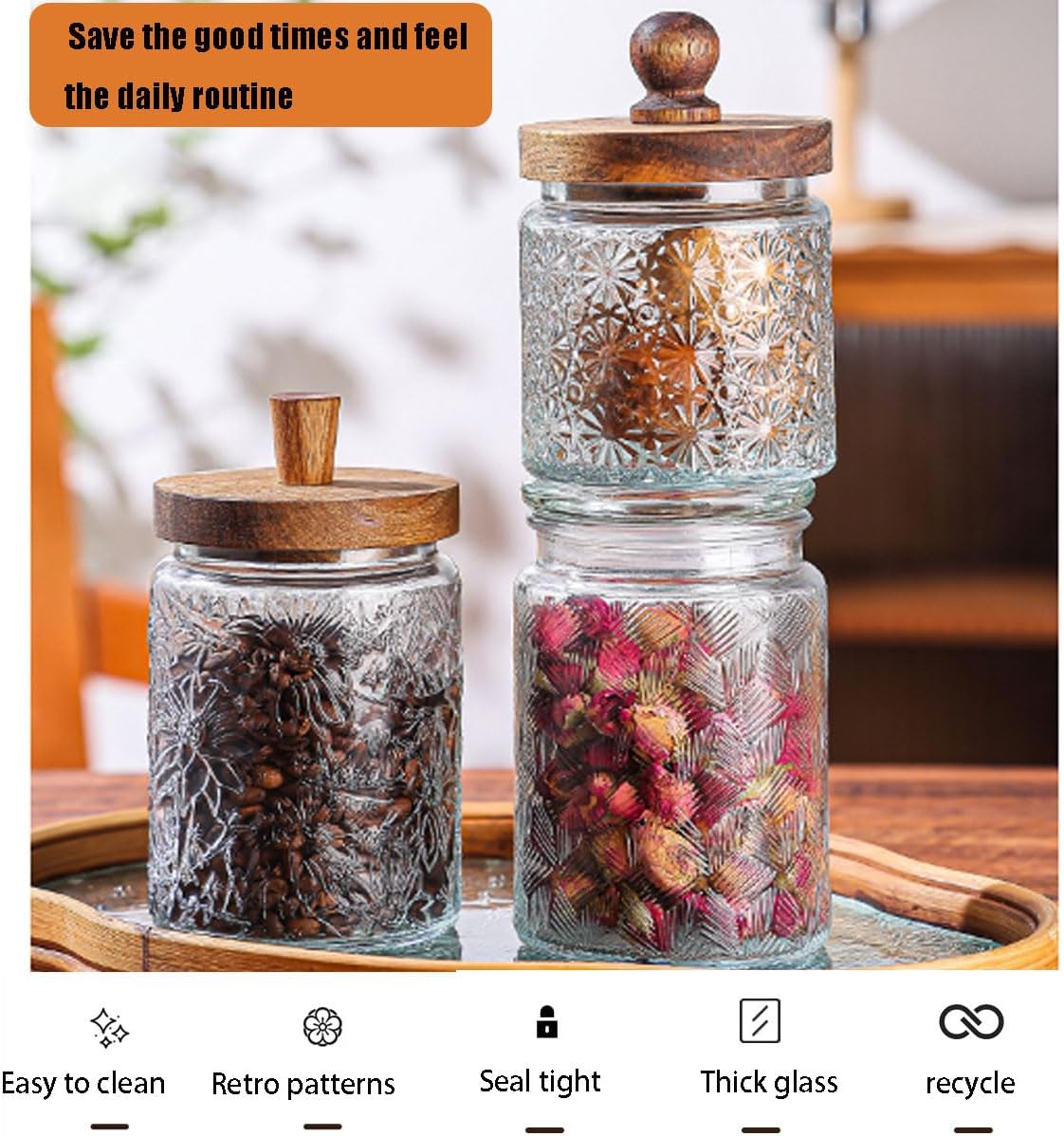 Vintage Glass Jars with Airtight Wood Lids & Handles - 16.9 OZ Set of 4 - Coffee Jars,Tea Canisters,Candy Jars for Flour,Sugar- Kitchen Pantry Containers (4, Starburst pattern) - Image 6