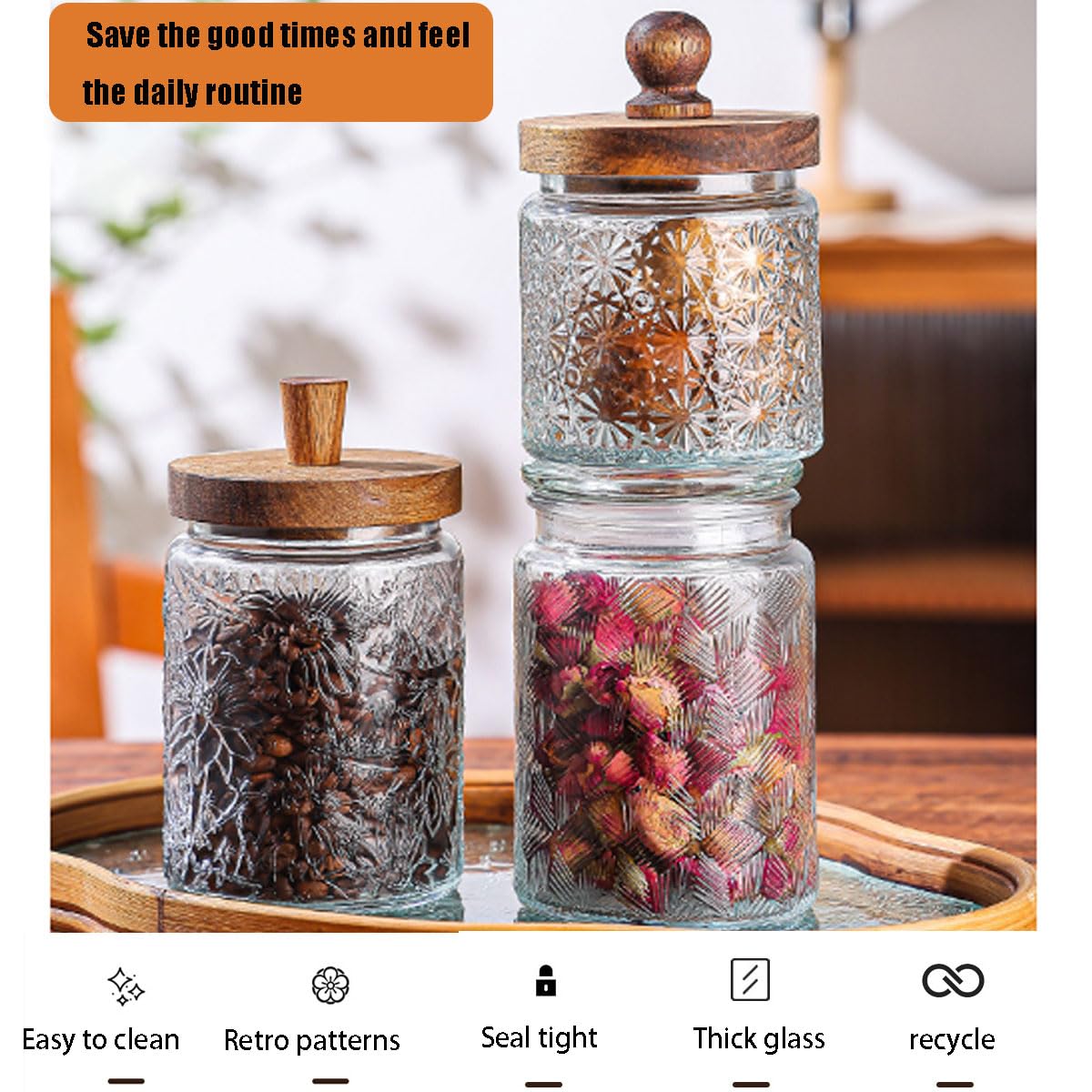 Set di 4 barattoli in vetro vintage con coperchi e manici ermetici in legno, 479 g, per caffè, tè, caramelle, farina, zucchero, dispensa da cucina (4, motivo ramo finale)