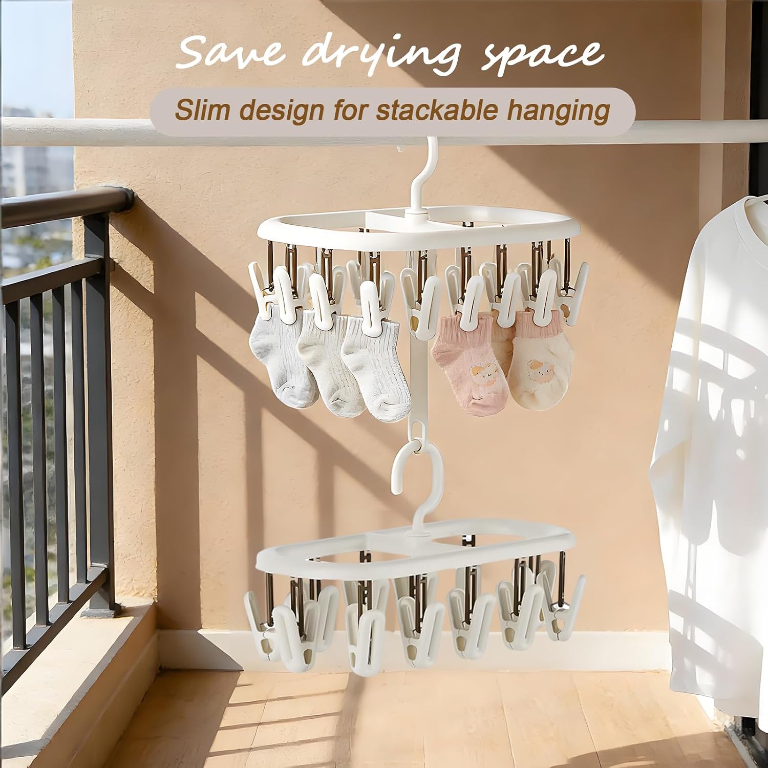 Clothes Drying Hanger with 12 Clips 2 Pack Folding Portable Hanging Drying Rack,Drip Foldable Hanging Rack 360° Rotatable Hook Clips