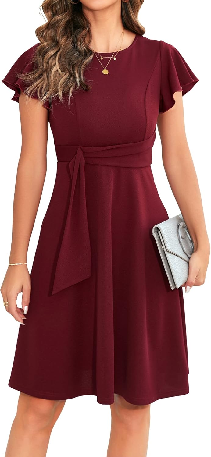 OWIN Womens 2026 Elegant Ruffle Sleeve Flared A Line Swing Casual Party Cocktail Dresses