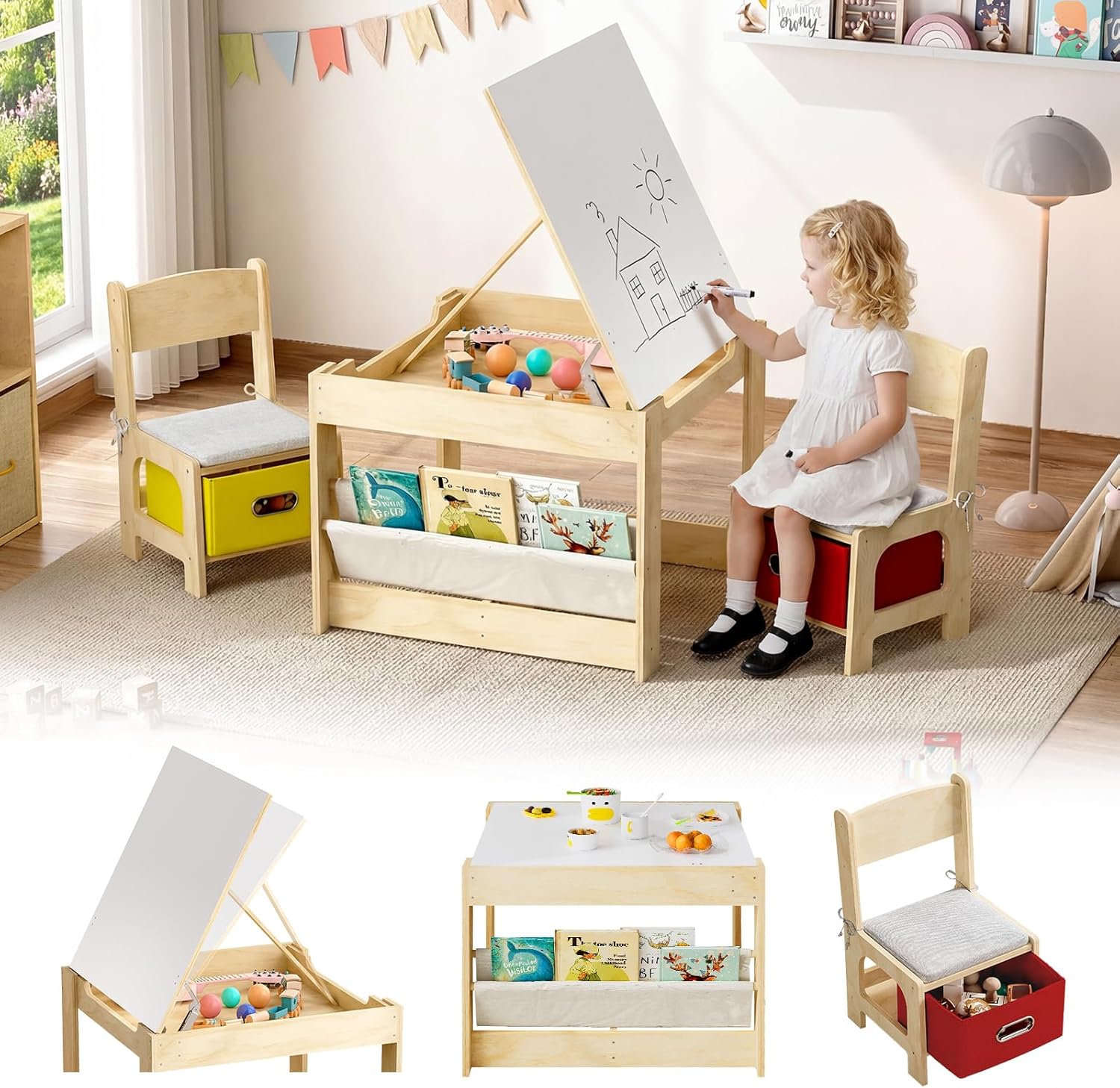 Kids Table and Chairs, Wooden Kids Table and 2 Chairs with Adjustable-Height Drawing Tabletop, Toddler Table and Chair Set with Safety Hinges,Storage Drawers & Bookshelf for Playroom Nursery