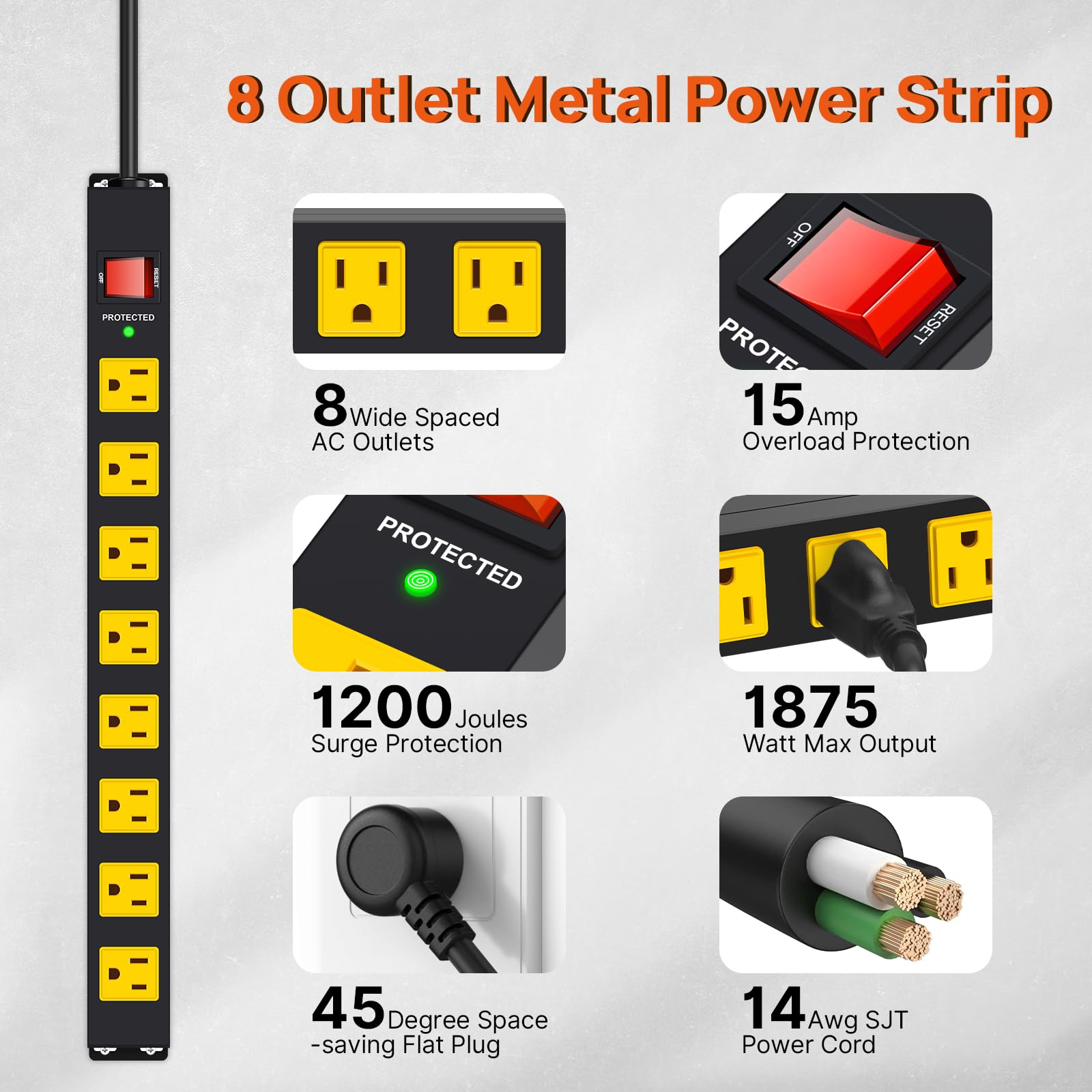 ANNQUAN - Regleta de alimentación de metal con 8 enchufes con protección contra sobretensiones de 1200 J, montaje en pared, tira de red larga y resistente, salida grande con interruptor