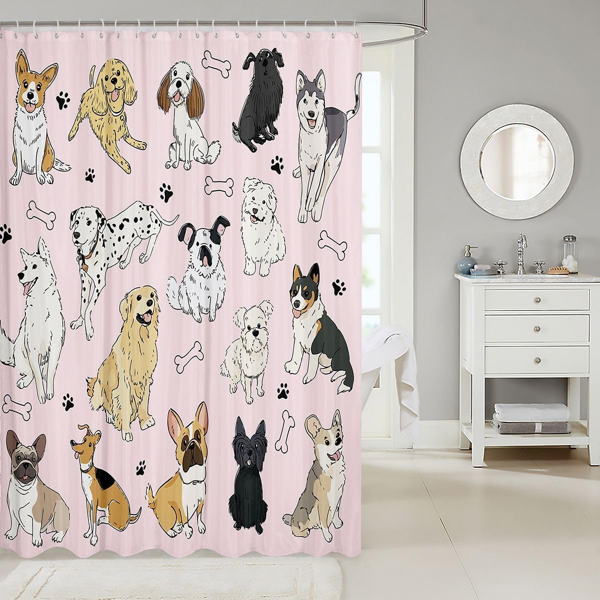 Castle Fairy Cartoon Dog Shower Curtain with Hooks,Lovely Puppy Pet Room Decor Bath Curtains,Kawaii Animals Pink Bathroom Accessories Waterproof Panel,72x 84 Inches image 2
