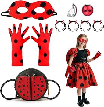 Hifot Deguisement Ladybug Masque Gants Sac Elastique Cheveux Collier Bracelet Bague Boucle D'oreille Déguisement Ladybug Set, Costume Ladybug Halloween Carnaval Coccinelle Deguisement Enfant Fille