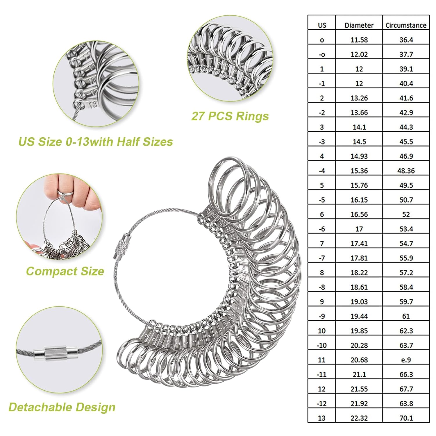 Ring Sizer Measuring Tool, IKOCO Ring Sizing kit with Rubber Hammer, Jewelry Cleaning Cloth and Metal Mandrel Finger Sizing Measuring Stick for Jewelry Making