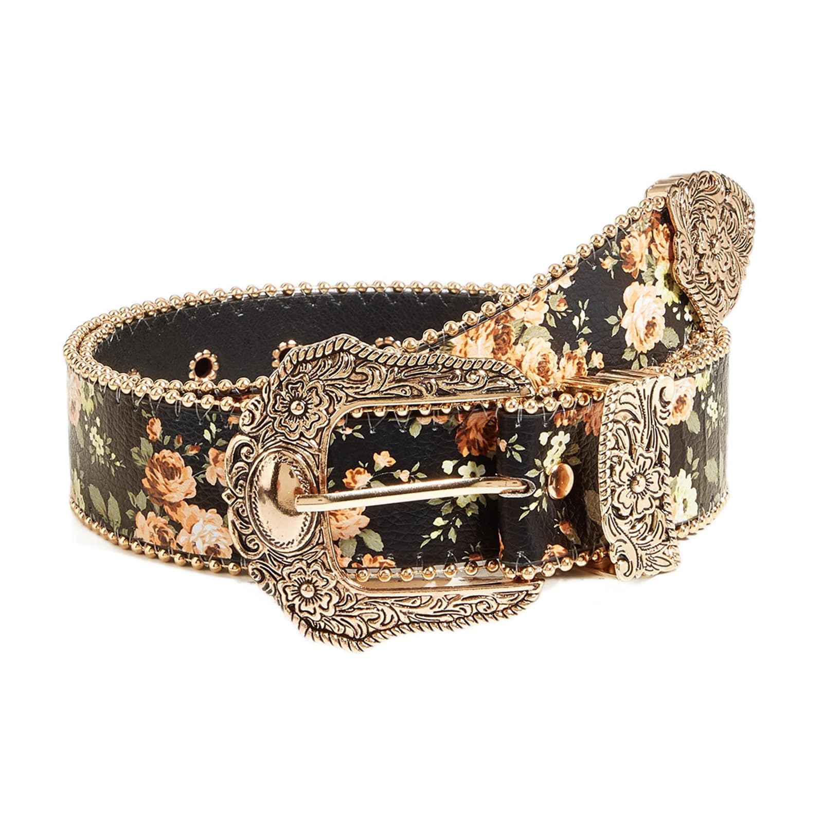 MICFENY Elegant Retro Floral Design Ladies Belt PU Leather Waistband Secure Metal Closure Waist Ornament Daily Wear
