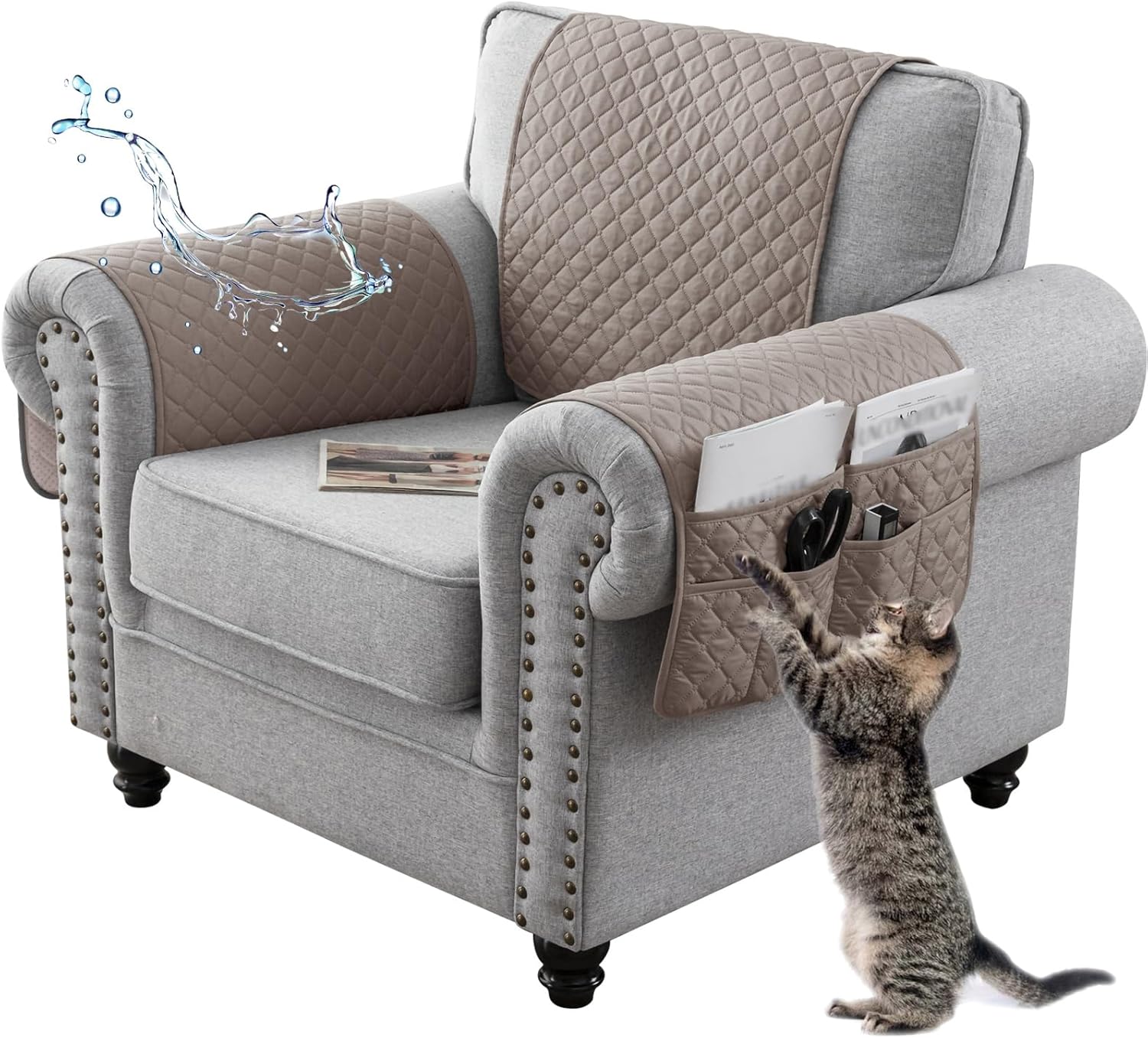 Sofa Armrest Cover, Headrest Cover for Recliner Chair Arm Cover, Armchair Slipcover Non Slip Quilted Furniture Protector for Sofa Recliner Armchair Cats Dogs (New Khaki,1 Seater(3pcs))