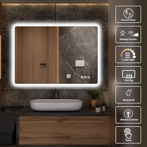 Miniatura 2 de S'bagno Espejo de baño con iluminación LED de 36 x 28 pulgadas, para montaje en pared, regulable, espejo de tocador con altavoz Bluetooth, botón