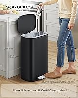 Vista 3 de SONGMICS Bote de basura de 13 galones (50 L), cubo de basura de cocina de acero inoxidable, cubo de reciclaje o basura, cierre suave, pedal Negro