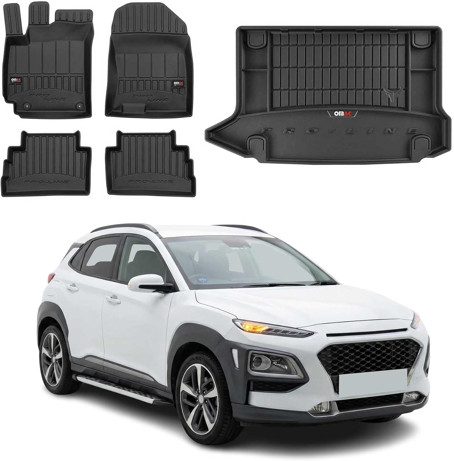 OMAC Premium Floor Mats & Cargo Liner for Hyundai Kona 1.gen 2018-2023 (Not for EV) Upper Trunk Car Mats All Weather 3D Custom Fit Rubber Mat Waterproof TPE Floor Liners Laser Measured Non-Slip Black