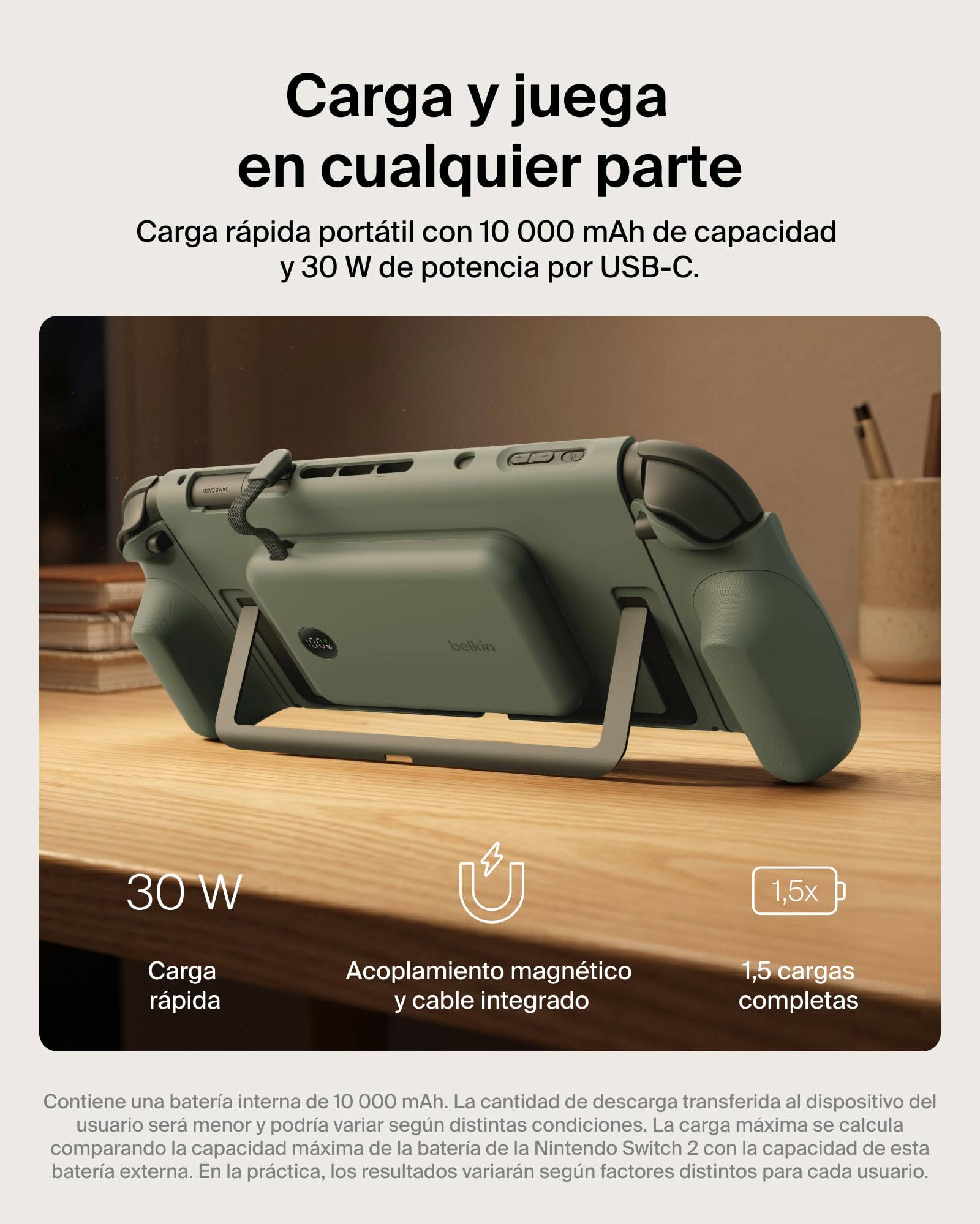 Belkin Gaming Agarres con Batería Externa 10000mAh Nintendo Switch 2 -Verde | Power Bank Magnético Extraíble 10000 mAh, 30W, Compatible con el Soporte, Empuñaduras Ergonómicas Antideslizantes y Pantalla