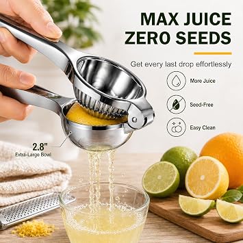 Lemon Squeezer & Zester Set, Large Bowl Stainless Steel Citrus Juicer, Heavy Duty Handheld Lime Press with Seed Filter, Multi-Purpose Citrus Grater for Cocktails, Cooking & Cheese
