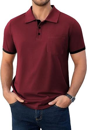 Mens Contrast Cuff Summer Collared Polos Tee with Pocket