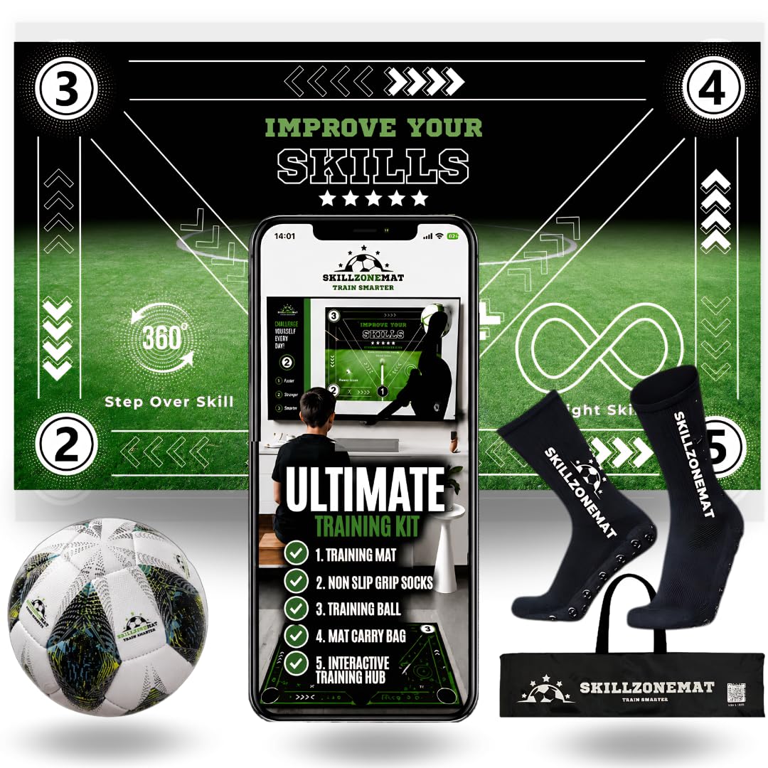 SkillZone Soccer Training Mat with Soccer Ball – Dribbling &amp; Footwork Trainer | Indoor/Outdoor Soccer Training Kit with Interactive Video Hub, Grip Socks &amp; Carry Bag | Control &amp; Agility Practice