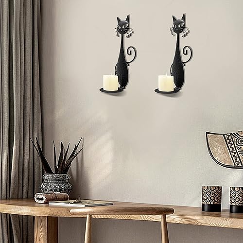Miniatura 5 de Candelabro de pared de gato de metal negro para velas de pilar velas LED sin llama (2 gatos)