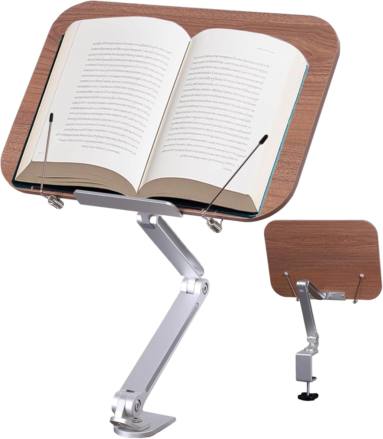 ASIEIT Book Stand for Reading, Wood Desk Clamp Book Holder, Cookbook Stand for Kitchen, Recipe Book Stand with Clamp, Height and Angle Adjustable, Foldable and Portable for Office, Bible, Recipe Wood & Silver