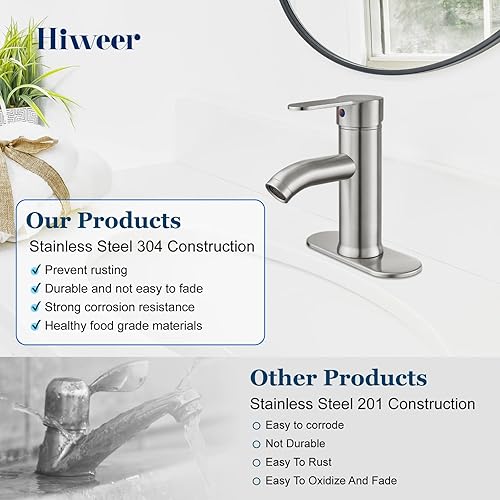 Miniatura 8 de Grifo de fregadero de barra de baño de acero inoxidable 304 de níquel cepillado, lavabo de una sola manija con línea de suministro, mezclador de