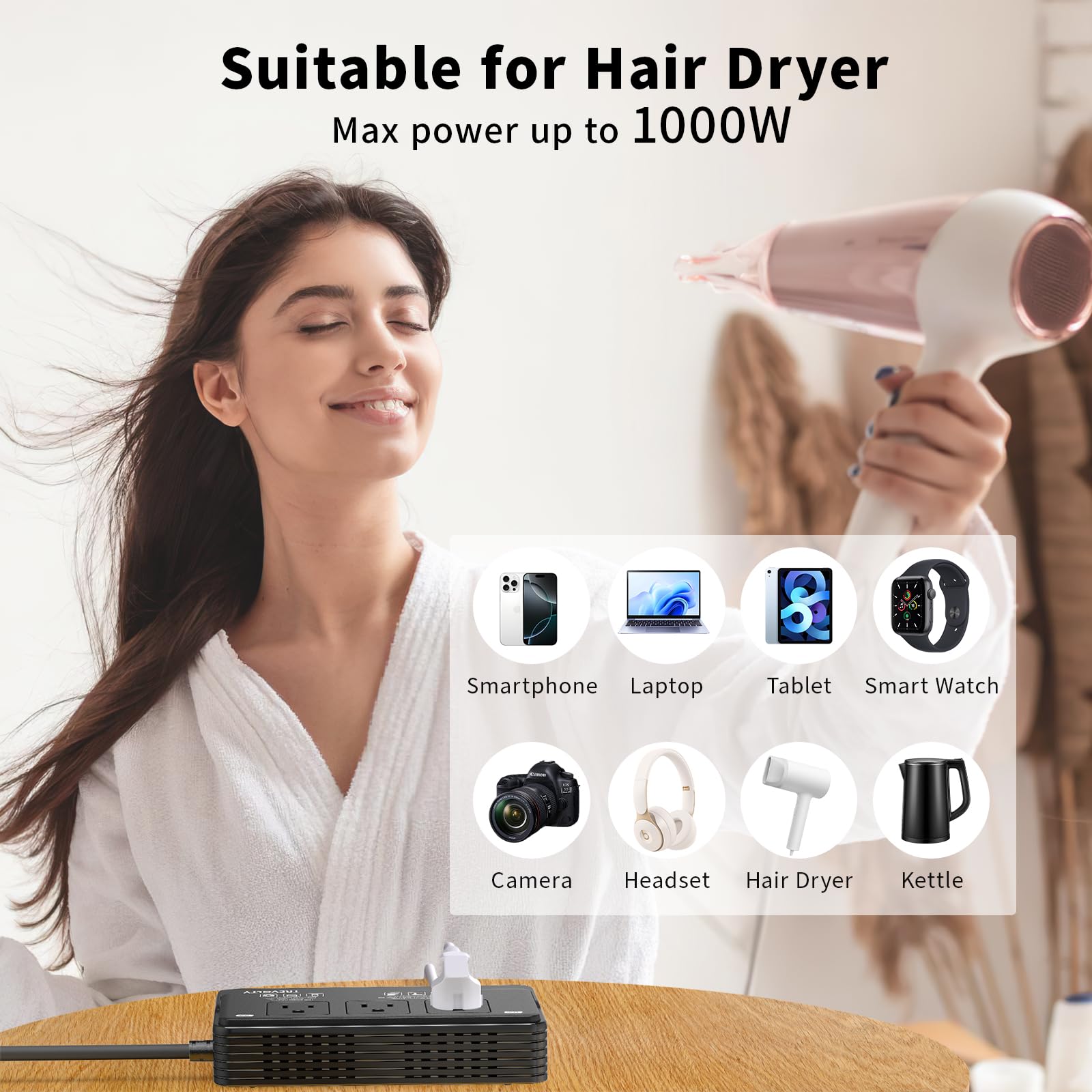 Convertidor de voltaje de 220 a 110 Estados Unidos a Europa para secador de pelo y hervidor – Adaptador convertidor de corriente 7 en 1 combinado con 3 salidas de CA + 4 puertos USB y enchufes EU/UK