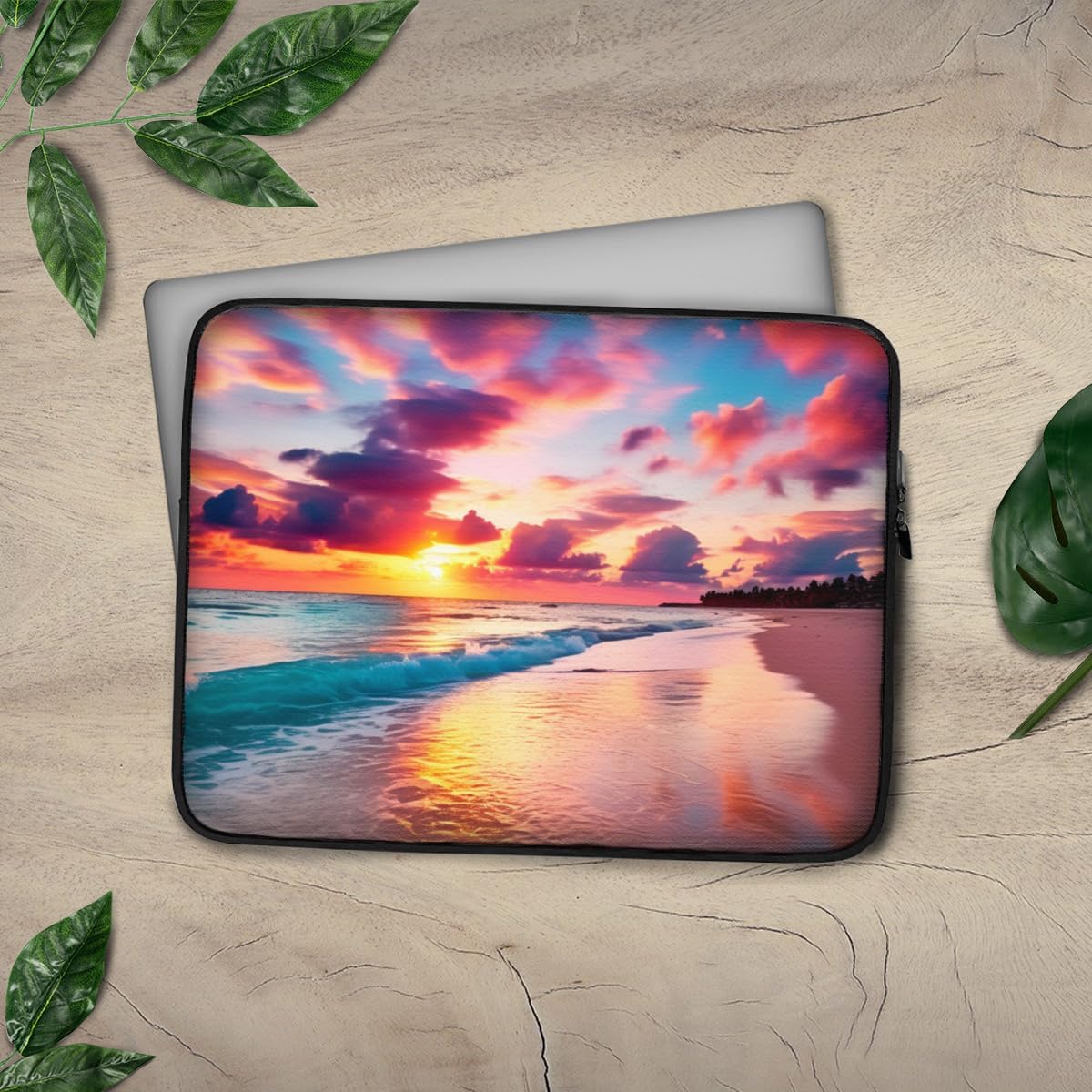 Protective Case Cover Bag for iPad (Regular, Air, Pro 9, 10, 11, 12, 13 inches) Beautiful Sandy Ocean Beach Relaxed Tidal Waves Pink Sunset Design Cute Zippered Sleeve image 3