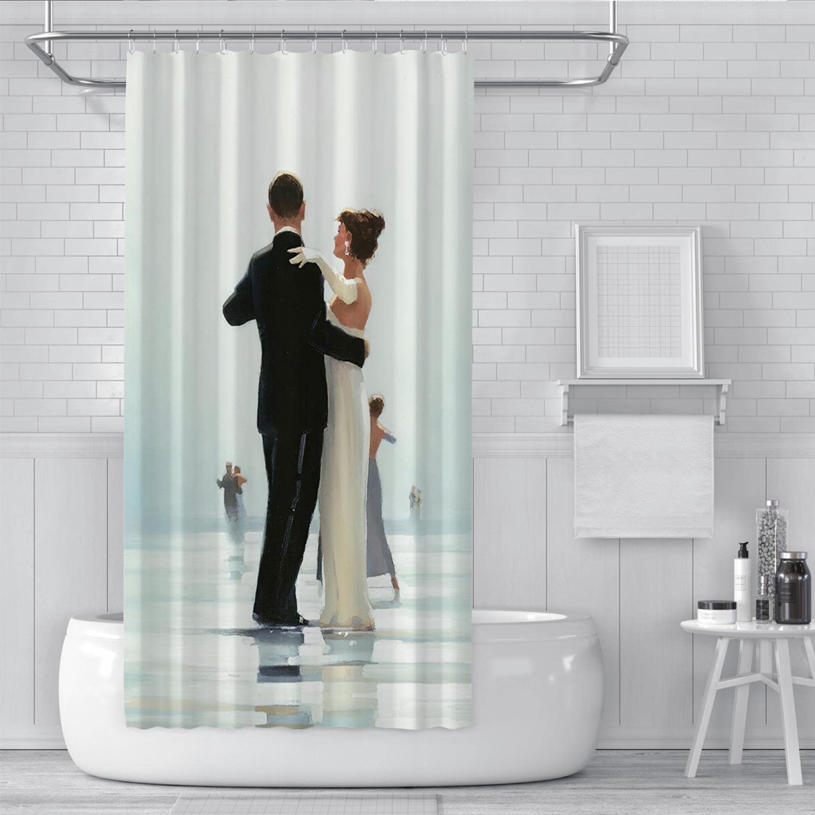 Saint Valentin Rideau de Douche Classique Couple Danse Peinture Séparation Sec et Humide Cloison Rideau Toilettes Décor Accessoires avec Crochets 180x200cm