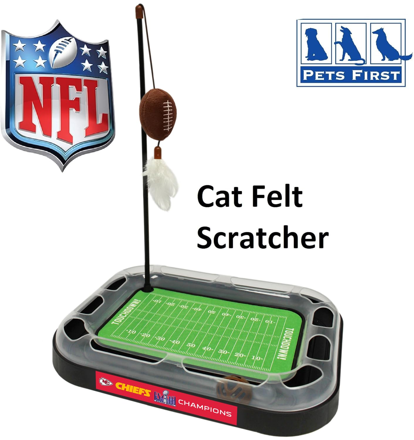 Pets First NFL Superbowl Champion Football Field Cat Scratcher Toy con relleno de hierba gatera, juguete de fútbol de peluche y colgante de plumas, con cascabel, logotipo del equipo ganador, juguete