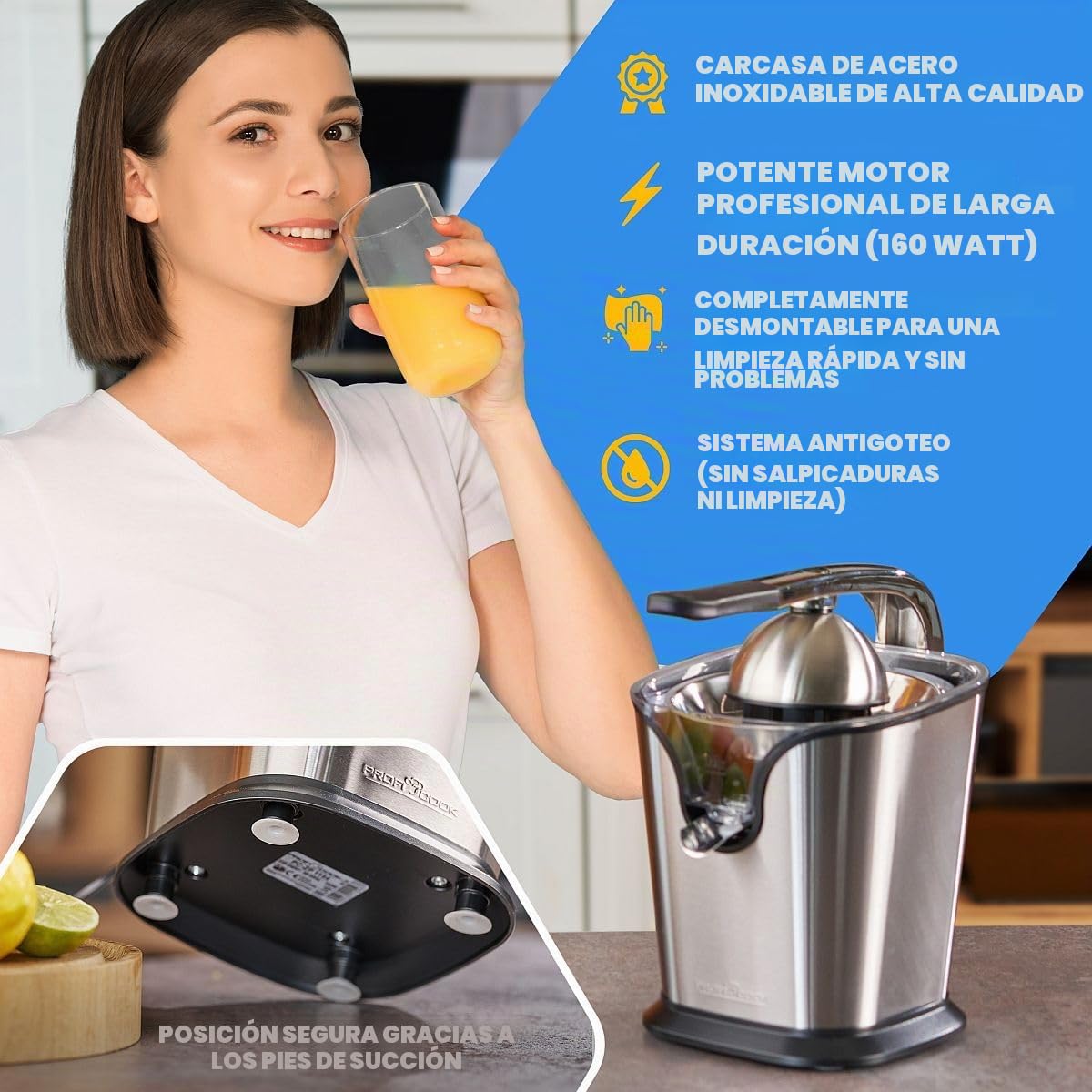 Proficook ZP 1154 - Exprimidor eléctrico zumo naranjas y limón con palanca, motor profesional, antigoteo, 2 conos, acabado en acero inoxidable 160W