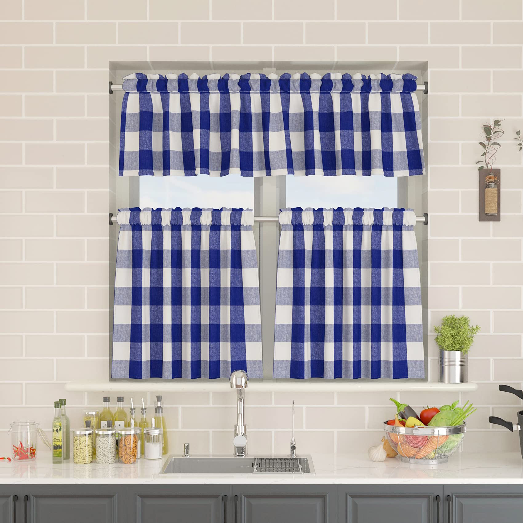 NATUS WEAVER Buffalo Check Window Valance - 14" X 90" Sky Blue & White Farmhouse Curtain Panel - View #10