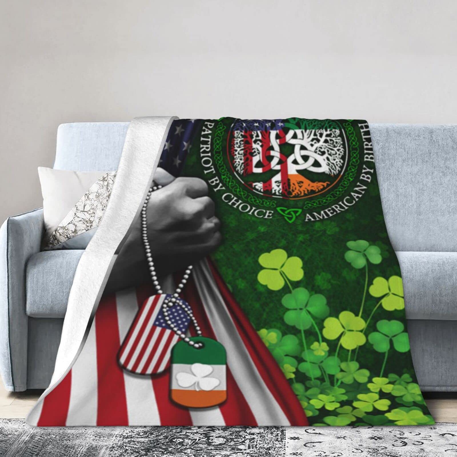 Lsjuee Flannel Fleece Blanket 50"X40" Irish by Blood Patriot by Choice American by Birth Sofa Throw Blanket Weighted Ultra-Soft Travel Spring Blankets for Mens Keep Warm