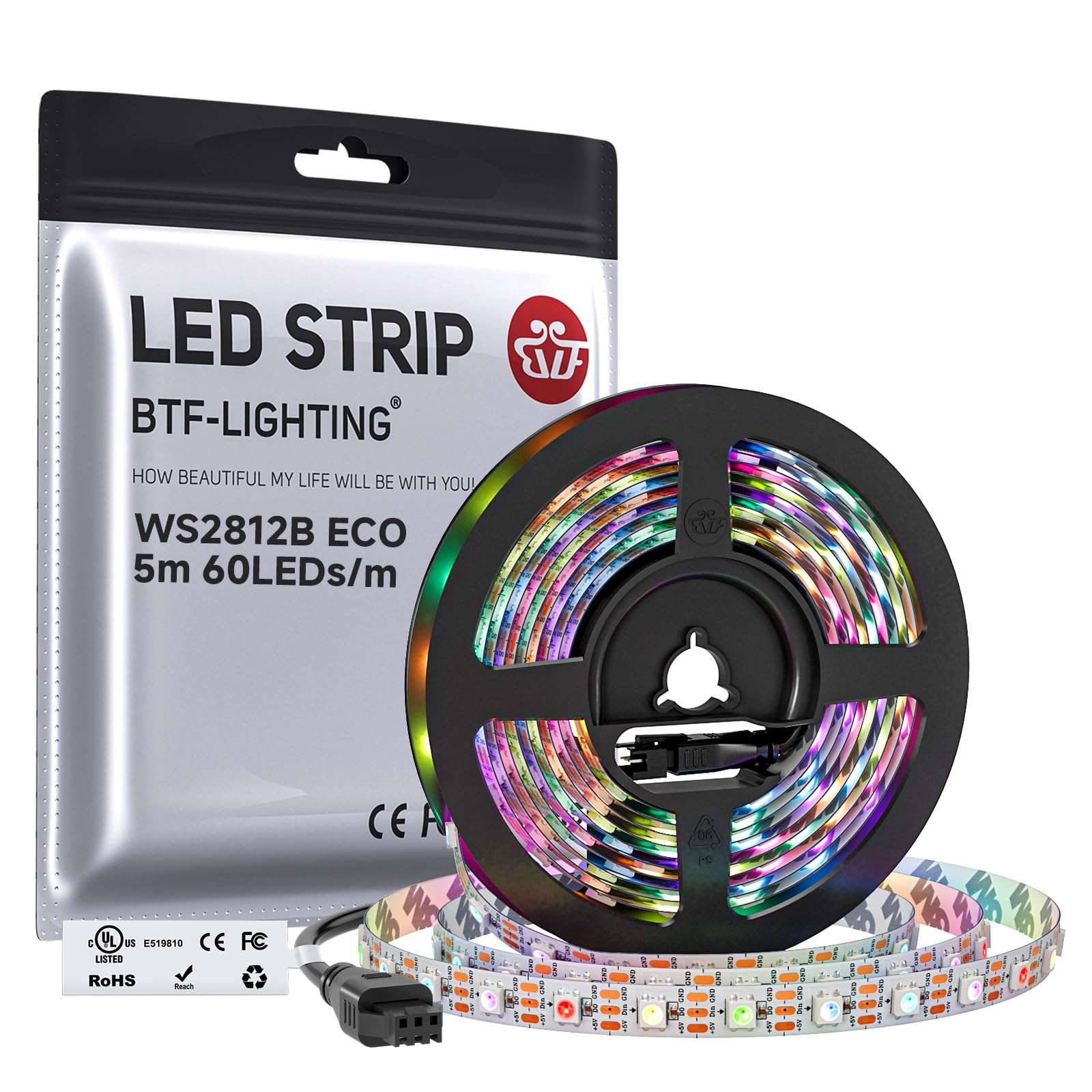 BTF-LIGHTING WS2812B IC RGB LED Strip,UL Listed,DC5V 16.4FT 300LED IP30