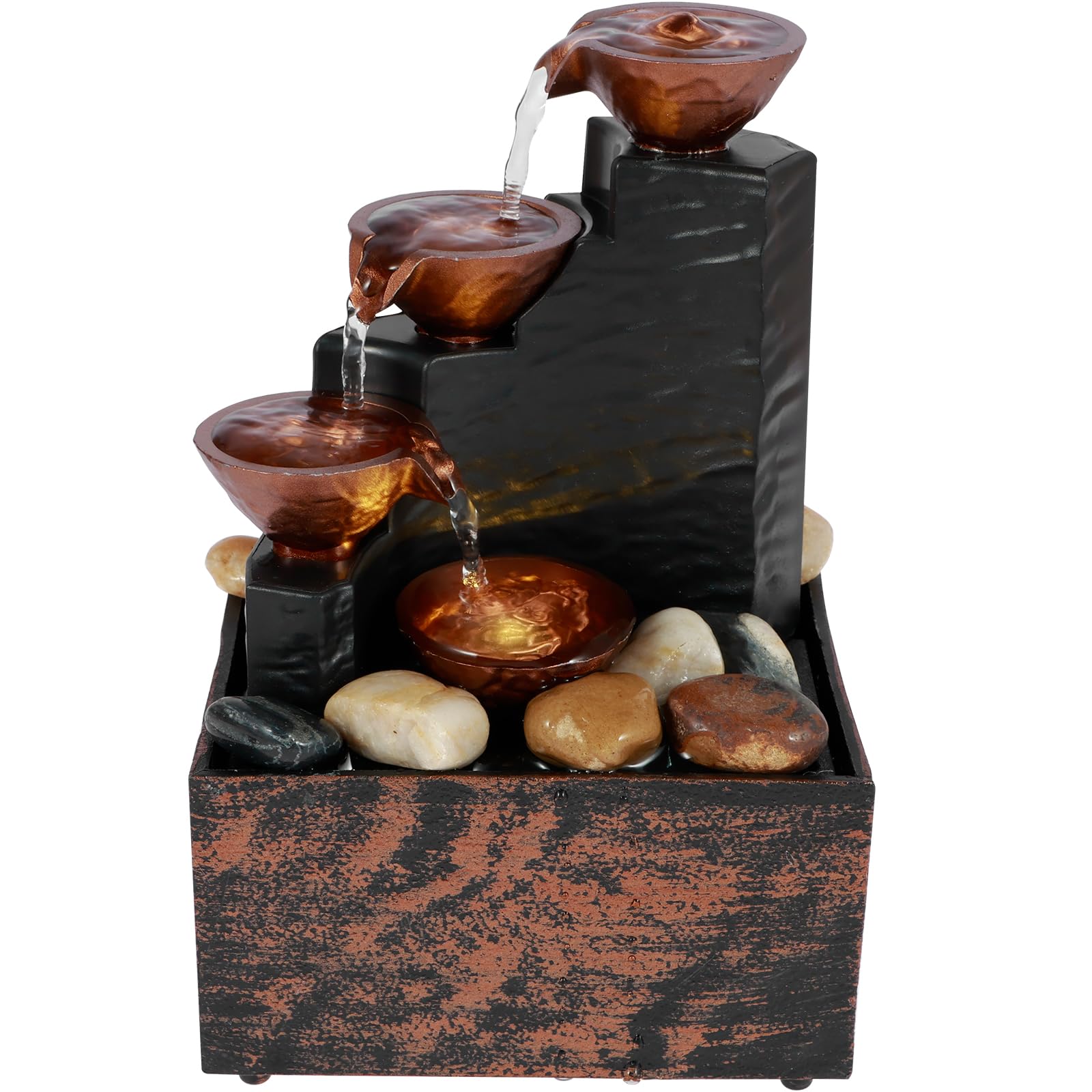 Tabletop Fountain with Lights and Pebble, Meditation Water Fountain Small Waterfall Fountain Desktop Decorations USB Powered Sound Relaxation Fountain Ornament (Bronze)